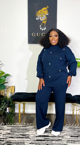 Ariana Silver Embellished 2pc Knit Puff Sleeve Sweater Set (Navy Blue)